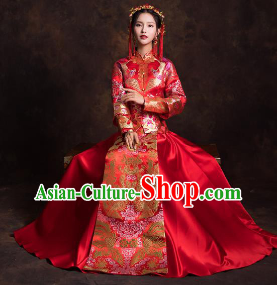 China Traditional Wedding Bride Costumes Classical Xiuhe Suits Red Brocade Mandarin Jacket and Dress China Traditional Wedding Bride Costumes Classical Xiuhe Suits Red Brocade Mandarin Jacket and Dress