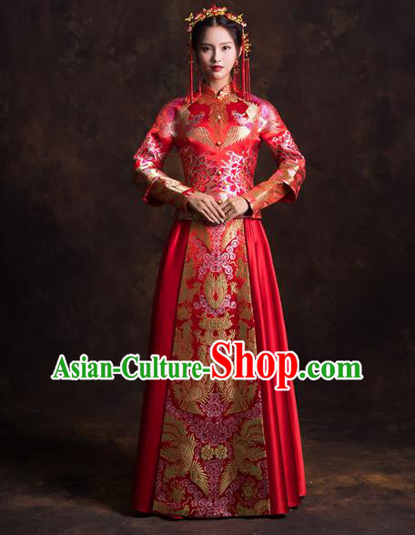 China Traditional Wedding Bride Costumes Classical Xiuhe Suits Red Brocade Mandarin Jacket and Dress China Traditional Wedding Bride Costumes Classical Xiuhe Suits Red Brocade Mandarin Jacket and Dress