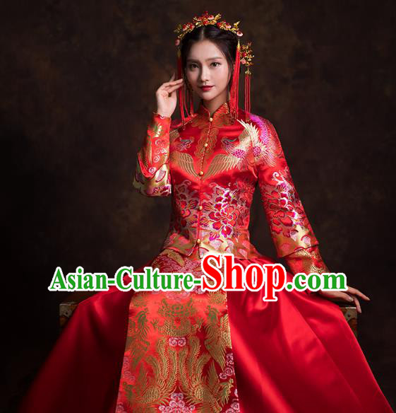 China Traditional Wedding Bride Costumes Classical Xiuhe Suits Red Brocade Mandarin Jacket and Dress China Traditional Wedding Bride Costumes Classical Xiuhe Suits Red Brocade Mandarin Jacket and Dress