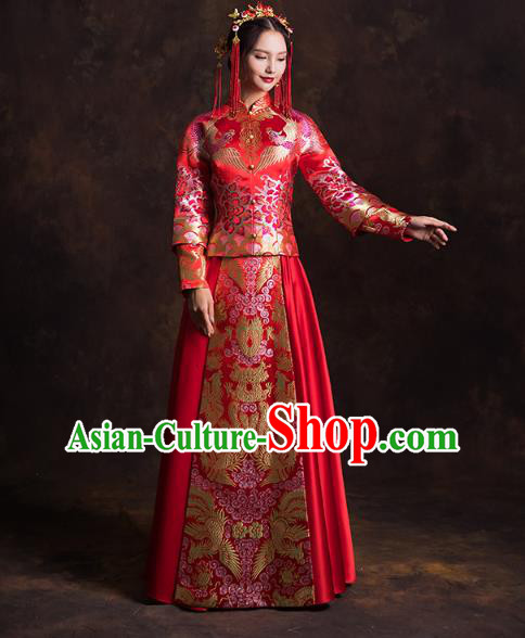 China Traditional Wedding Bride Costumes Classical Xiuhe Suits Red Brocade Mandarin Jacket and Dress China Traditional Wedding Bride Costumes Classical Xiuhe Suits Red Brocade Mandarin Jacket and Dress