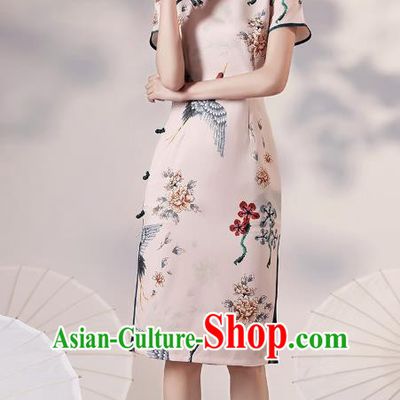 Chinese Traditional Young Lady Modern Apricot Cheongsam Clothing Classical Printing Cranes Peony Qipao Dress