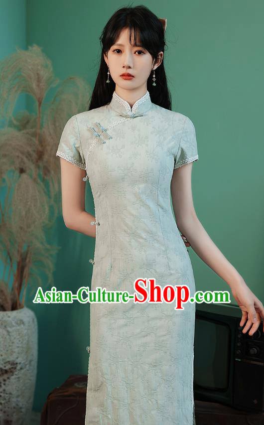 China Traditional Light Green Lace Qipao Dress National Young Lady Cheongsam China Traditional Light Green Lace Qipao Dress National Young Lady Cheongsam