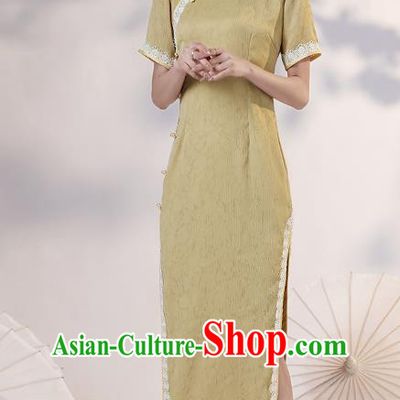 China Traditional Young Lady Yellow Qipao Dress National Modern Dance Lace Cheongsam