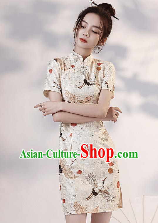 Chinese Modern Short Cheongsam Clothing Classical Printing Cranes White Qipao Dress Chinese Modern Short Cheongsam Clothing Classical Printing Cranes White Qipao Dress