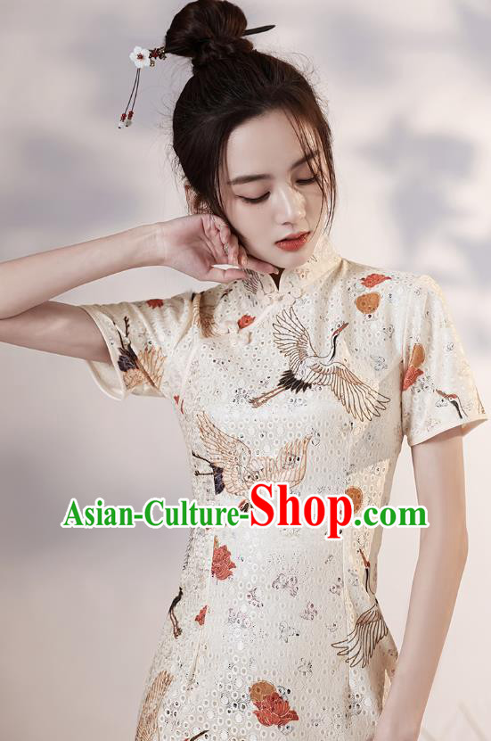 Chinese Modern Short Cheongsam Clothing Classical Printing Cranes White Qipao Dress Chinese Modern Short Cheongsam Clothing Classical Printing Cranes White Qipao Dress