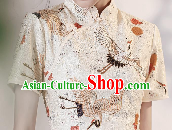 Chinese Modern Short Cheongsam Clothing Classical Printing Cranes White Qipao Dress Chinese Modern Short Cheongsam Clothing Classical Printing Cranes White Qipao Dress