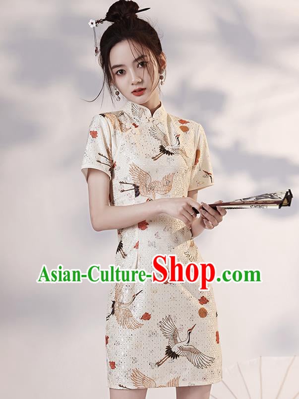 Chinese Modern Short Cheongsam Clothing Classical Printing Cranes White Qipao Dress Chinese Modern Short Cheongsam Clothing Classical Printing Cranes White Qipao Dress