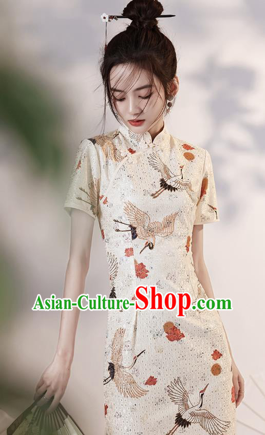 Chinese Modern Short Cheongsam Clothing Classical Printing Cranes White Qipao Dress Chinese Modern Short Cheongsam Clothing Classical Printing Cranes White Qipao Dress