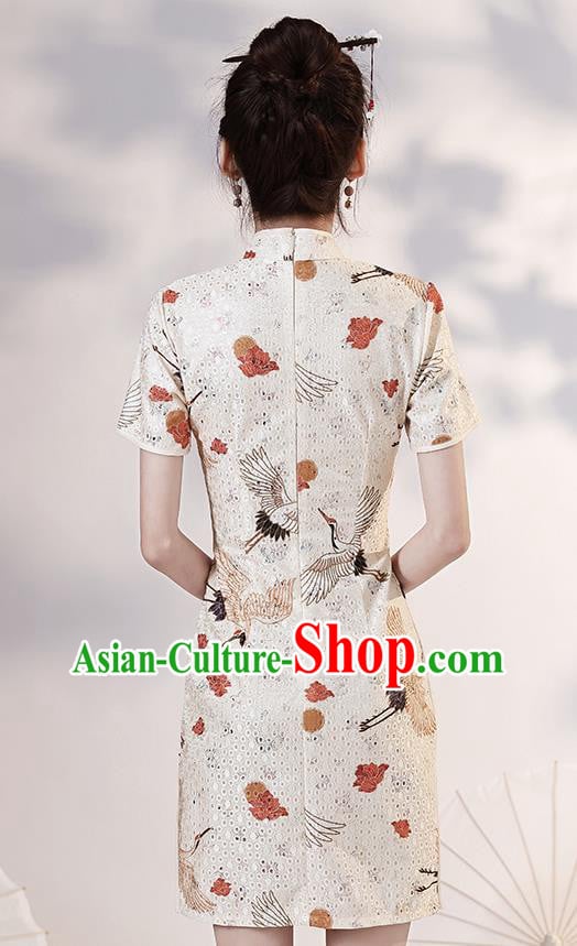 Chinese Modern Short Cheongsam Clothing Classical Printing Cranes White Qipao Dress Chinese Modern Short Cheongsam Clothing Classical Printing Cranes White Qipao Dress