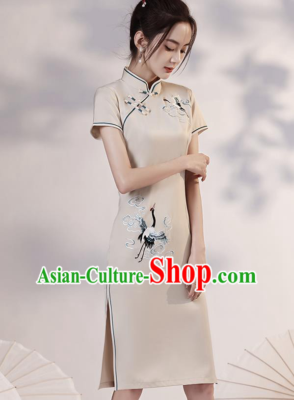 Chinese Embroidered Crane Short Cheongsam Clothing Classical Beige Satin Qipao Dress Chinese Embroidered Crane Short Cheongsam Clothing Classical Beige Satin Qipao Dress
