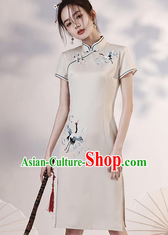 Chinese Embroidered Crane Short Cheongsam Clothing Classical Beige Satin Qipao Dress Chinese Embroidered Crane Short Cheongsam Clothing Classical Beige Satin Qipao Dress