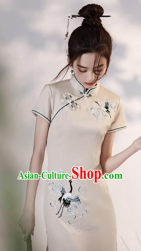 Chinese Embroidered Crane Short Cheongsam Clothing Classical Beige Satin Qipao Dress Chinese Embroidered Crane Short Cheongsam Clothing Classical Beige Satin Qipao Dress