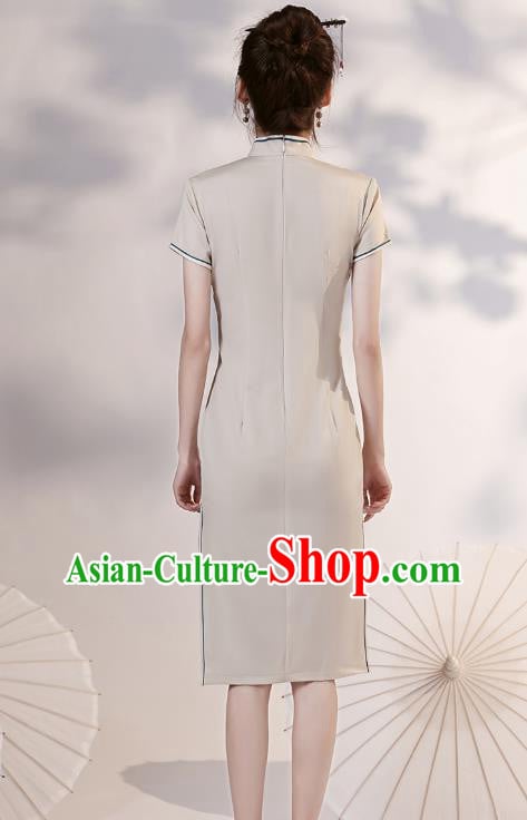 Chinese Embroidered Crane Short Cheongsam Clothing Classical Beige Satin Qipao Dress Chinese Embroidered Crane Short Cheongsam Clothing Classical Beige Satin Qipao Dress