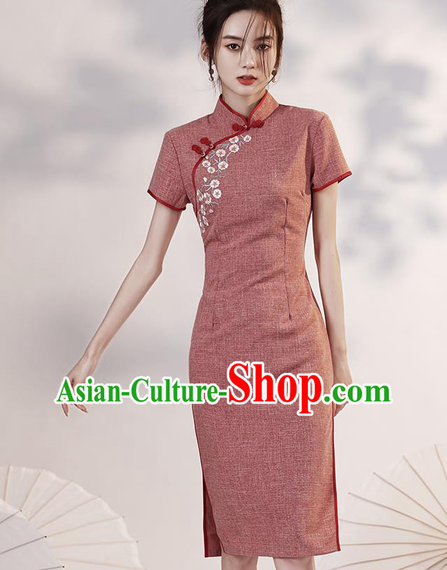 Chinese Embroidered Rust Red Cheongsam Clothing Modern Dance Short Qipao Dress Chinese Embroidered Rust Red Cheongsam Clothing Modern Dance Short Qipao Dress