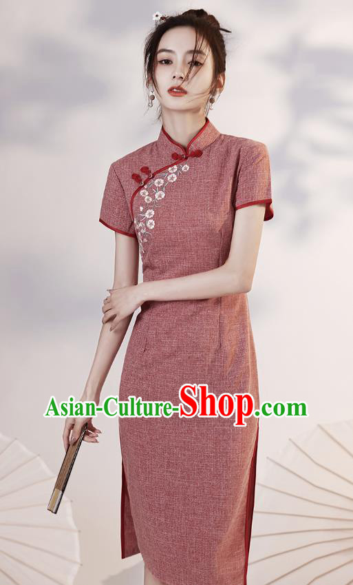 Chinese Embroidered Rust Red Cheongsam Clothing Modern Dance Short Qipao Dress Chinese Embroidered Rust Red Cheongsam Clothing Modern Dance Short Qipao Dress