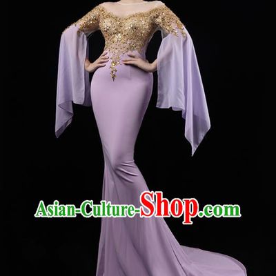 Top Grade Annual Meeting Lilac Trailing Dress Catwalk Performance Clothing Compere Full Dress