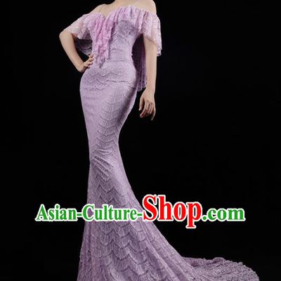 Top Grade Compere Full Dress Annual Meeting Lilac Lace Trailing Dress Catwalk Performance Clothing