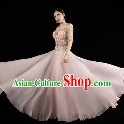 Top Grade Catwalk Performance Clothing Annual Meeting Embroidered Pink Dress Compere Full Dress