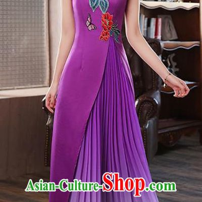 Chinese Catwalks Costume Classical Dance Cheongsam Stage Show Embroidery Peony Purple Satin Qipao Dress