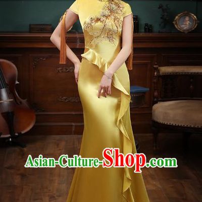Chinese Catwalks Modern Dance Costume Stage Show Fishtail Qipao Dress Embroidery Golden Satin Cheongsam