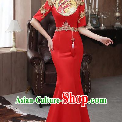 Chinese Stage Show Red Fishtail Qipao Dress Embroidery Phoenix Cheongsam Catwalks Modern Dance Costume