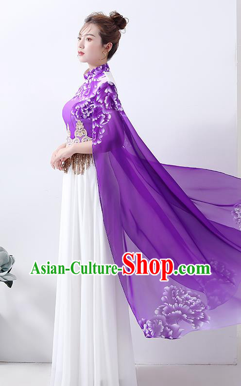 Chinese Classical Dance Cheongsam Chorus Performance Costume Printing Peony Purple Qipao Dress Chinese Classical Dance Cheongsam Chorus Performance Costume Printing Peony Purple Qipao Dress