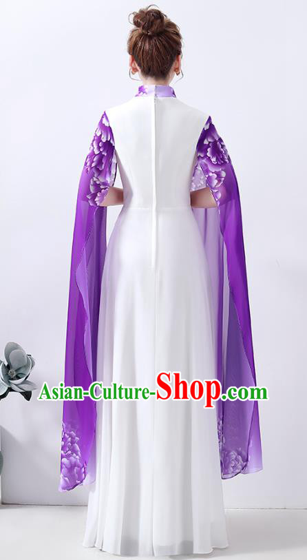 Chinese Classical Dance Cheongsam Chorus Performance Costume Printing Peony Purple Qipao Dress Chinese Classical Dance Cheongsam Chorus Performance Costume Printing Peony Purple Qipao Dress