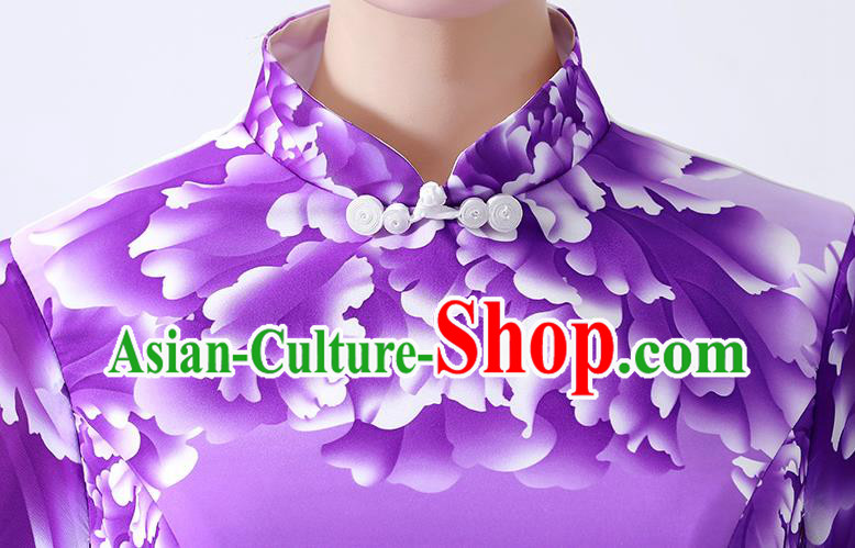 Chinese Classical Dance Cheongsam Chorus Performance Costume Printing Peony Purple Qipao Dress Chinese Classical Dance Cheongsam Chorus Performance Costume Printing Peony Purple Qipao Dress