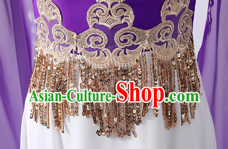 Chinese Classical Dance Cheongsam Chorus Performance Costume Printing Peony Purple Qipao Dress Chinese Classical Dance Cheongsam Chorus Performance Costume Printing Peony Purple Qipao Dress