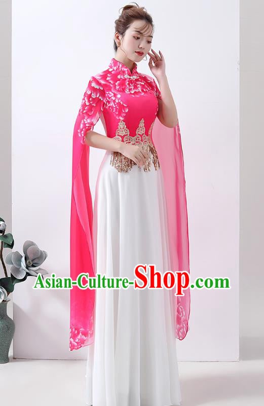 Chinese Printing Peony Rosy Qipao Dress Classical Dance Cheongsam Chorus Performance Costume Chinese Printing Peony Rosy Qipao Dress Classical Dance Cheongsam Chorus Performance Costume