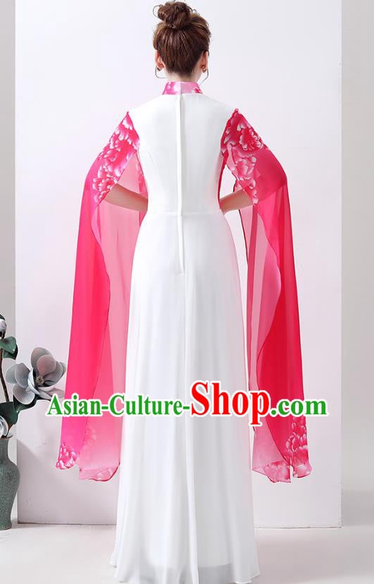 Chinese Printing Peony Rosy Qipao Dress Classical Dance Cheongsam Chorus Performance Costume Chinese Printing Peony Rosy Qipao Dress Classical Dance Cheongsam Chorus Performance Costume