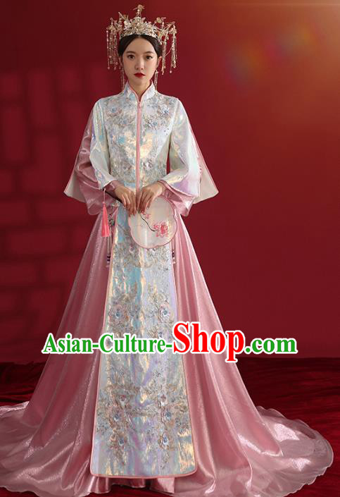 China Bride Dress Traditional Wedding Costumes Classical Embroidered Pink Xiuhe Suit China Bride Dress Traditional Wedding Costumes Classical Embroidered Pink Xiuhe Suit