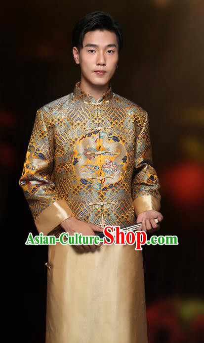 Chinese Classical Bridegroom Clothing Traditional Wedding Costume Golden Mandarin Jacket and Long Robe Chinese Classical Bridegroom Clothing Traditional Wedding Costume Golden Mandarin Jacket and Long Robe