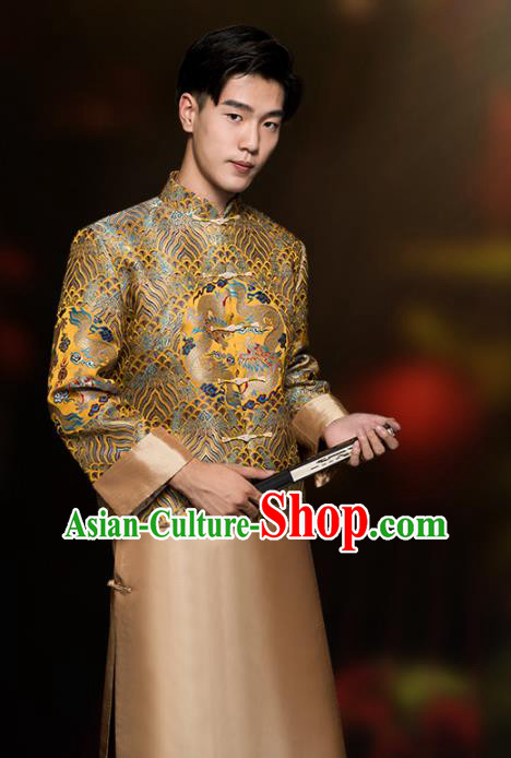 Chinese Classical Bridegroom Clothing Traditional Wedding Costume Golden Mandarin Jacket and Long Robe Chinese Classical Bridegroom Clothing Traditional Wedding Costume Golden Mandarin Jacket and Long Robe