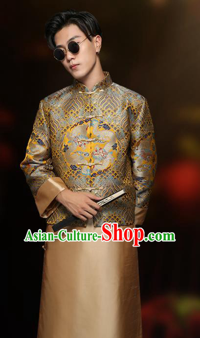 Chinese Classical Bridegroom Clothing Traditional Wedding Costume Golden Mandarin Jacket and Long Robe Chinese Classical Bridegroom Clothing Traditional Wedding Costume Golden Mandarin Jacket and Long Robe