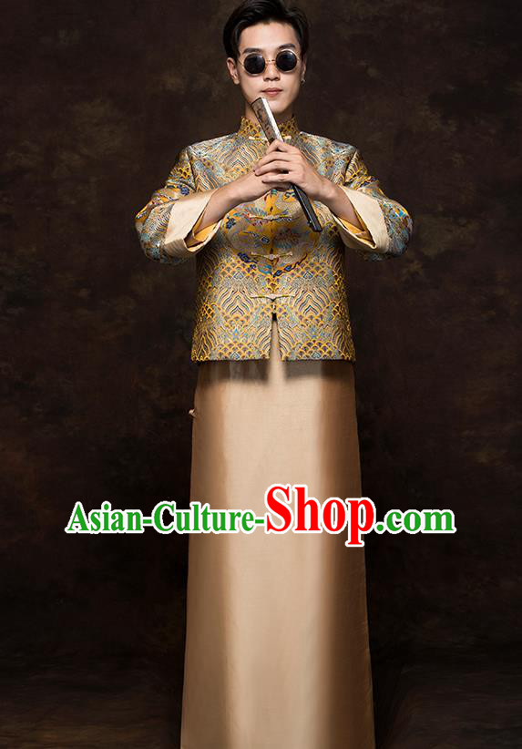 Chinese Classical Bridegroom Clothing Traditional Wedding Costume Golden Mandarin Jacket and Long Robe Chinese Classical Bridegroom Clothing Traditional Wedding Costume Golden Mandarin Jacket and Long Robe
