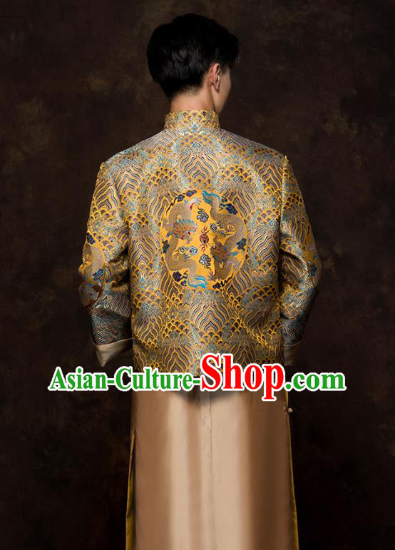 Chinese Classical Bridegroom Clothing Traditional Wedding Costume Golden Mandarin Jacket and Long Robe Chinese Classical Bridegroom Clothing Traditional Wedding Costume Golden Mandarin Jacket and Long Robe