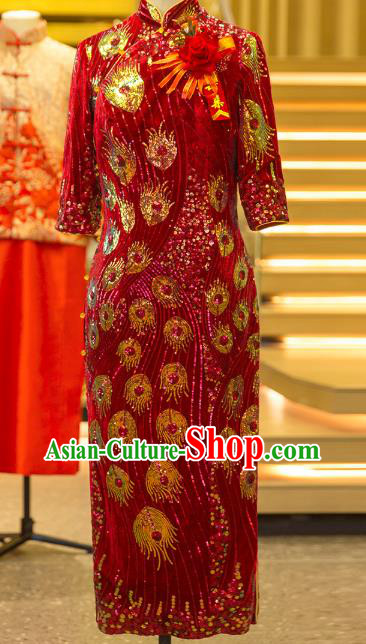 Chinese Traditional Mother Red Qipao Dress Wedding Elderly Woman Velvet Cheongsam Chinese Traditional Mother Red Qipao Dress Wedding Elderly Woman Velvet Cheongsam