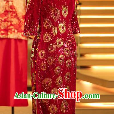 Chinese Traditional Mother Red Qipao Dress Wedding Elderly Woman Velvet Cheongsam