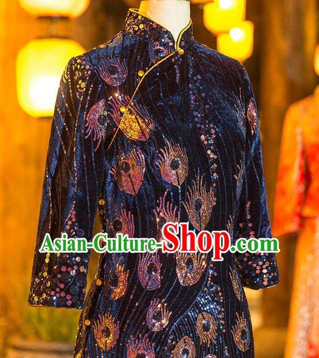 Chinese Wedding Elderly Woman Velvet Cheongsam Traditional Mother Navy Qipao Dress Chinese Wedding Elderly Woman Velvet Cheongsam Traditional Mother Navy Qipao Dress