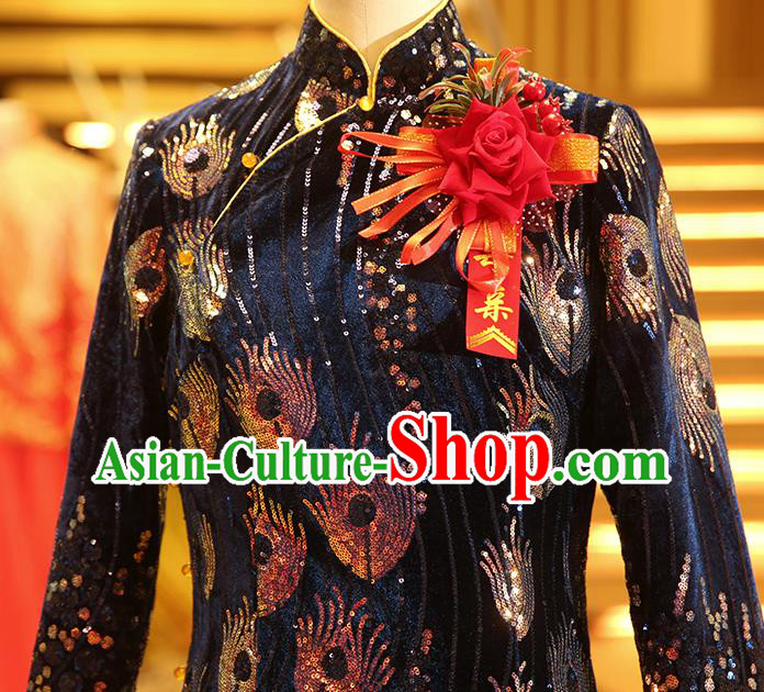 Chinese Wedding Elderly Woman Velvet Cheongsam Traditional Mother Navy Qipao Dress Chinese Wedding Elderly Woman Velvet Cheongsam Traditional Mother Navy Qipao Dress