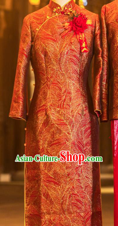 Chinese Elderly Woman Red Brocade Cheongsam Traditional Wedding Mother Qipao Dress Chinese Elderly Woman Red Brocade Cheongsam Traditional Wedding Mother Qipao Dress