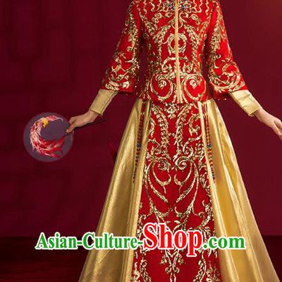 China Traditional Wedding Costumes Ancient Bride Embroidered Red Xiuhe Suits