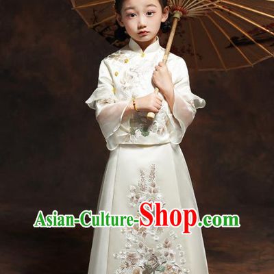 Chinese Classical Dance Clothing Embroidered White Qipao Dress Girl Bridesmaid Blouse and Dress