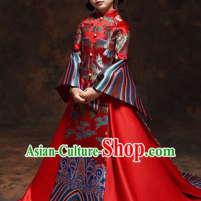 Chinese Embroidered Red Xiuhe Suits Girl Bridesmaid Blouse and Dress Classical Dance Clothing