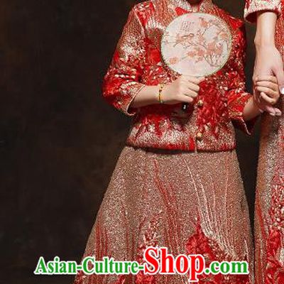 Chinese Girl Bridesmaid Blouse and Dress Classical Dance Clothing Embroidered Red Xiuhe Suits