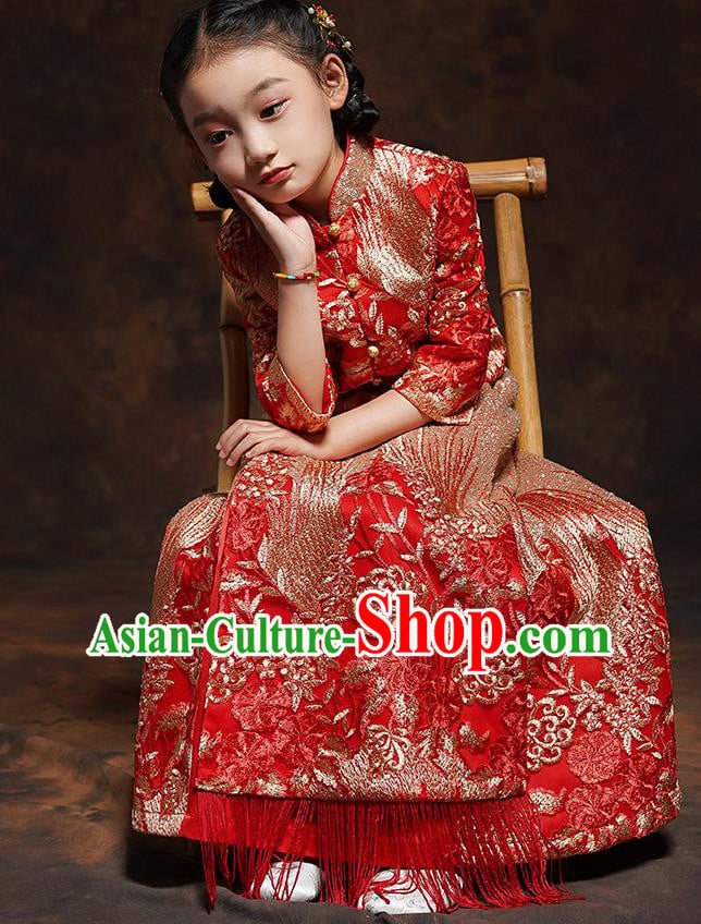 Chinese Girl Bridesmaid Blouse and Dress Classical Dance Clothing Embroidered Red Xiuhe Suits Chinese Girl Bridesmaid Blouse and Dress Classical Dance Clothing Embroidered Red Xiuhe Suits