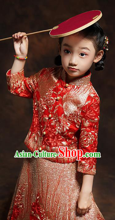 Chinese Girl Bridesmaid Blouse and Dress Classical Dance Clothing Embroidered Red Xiuhe Suits Chinese Girl Bridesmaid Blouse and Dress Classical Dance Clothing Embroidered Red Xiuhe Suits