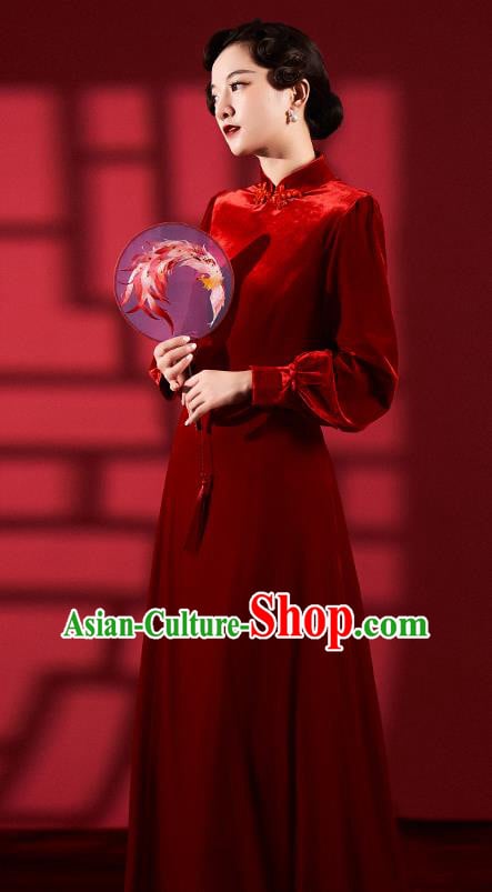 Chinese Classical Dance Red Qipao Dress Clothing Traditional Wedding Velvet Cheongsam Chinese Classical Dance Red Qipao Dress Clothing Traditional Wedding Velvet Cheongsam