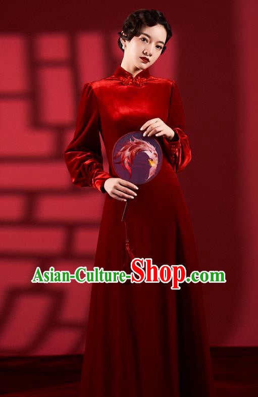 Chinese Classical Dance Red Qipao Dress Clothing Traditional Wedding Velvet Cheongsam Chinese Classical Dance Red Qipao Dress Clothing Traditional Wedding Velvet Cheongsam